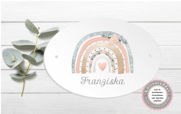 Preview: zauberhaftes ovales Türschild mit Regenbogen Flower und Wunschname, Kinderzimmer- zur Einschulung, Geburtstag, Taufe, Lüttentüddel®